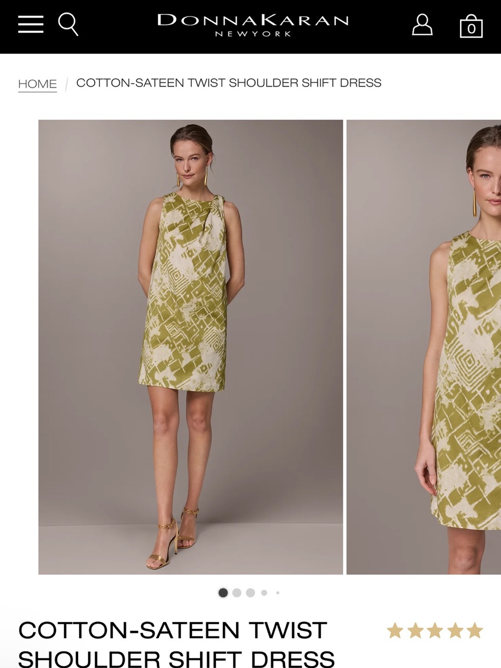 Donna Karan Olive and White Twist-Shoulder Shift Dress